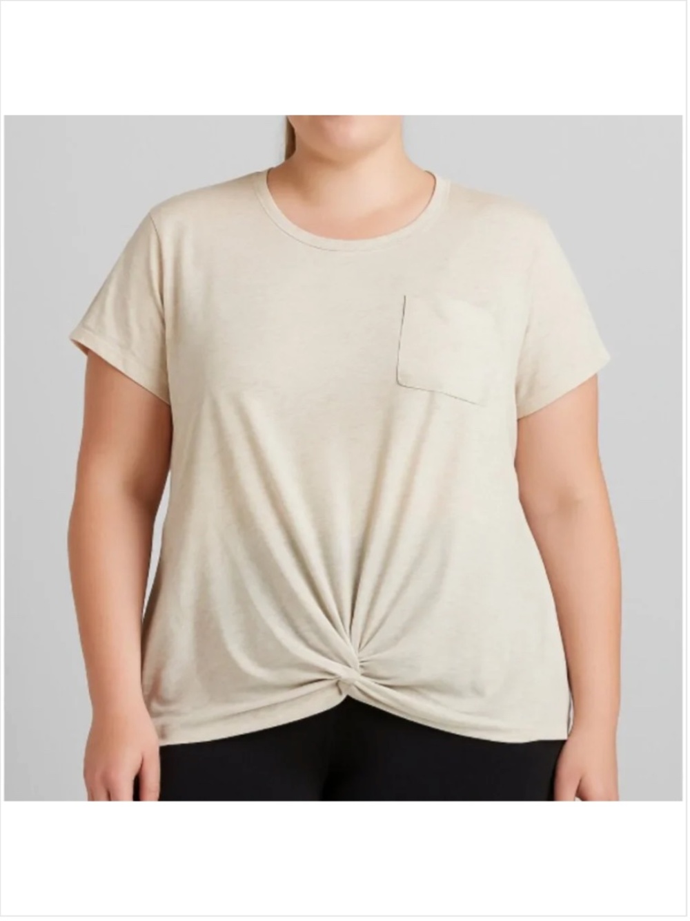 Signature Studio Women's Heather Beige Twist-Front Short Sleeve Shirt, size XL